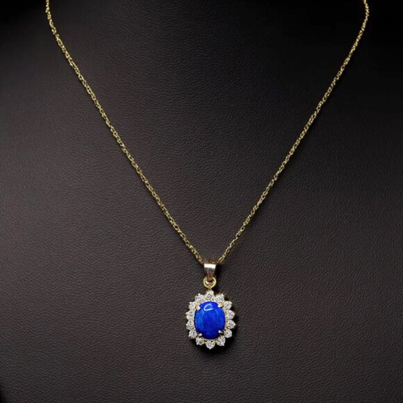 Vintage Blue Lapis Lazuli and Swarovski Crystal Pendant Necklace 18K Gold Elec - Picture 2 of 5